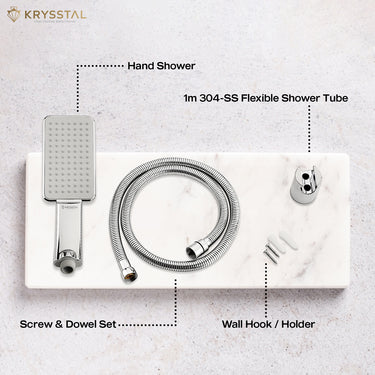 Breeze ABS Hand Shower components with its name and detail on white marble.