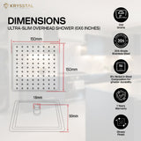 The drawing of an overhead shower with  dimensions and on the right side, its manufacturing details.
