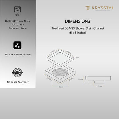 Tile-Insert 304-SS (5" x 5") Floor Drain with Advanced Cockroach Trap
