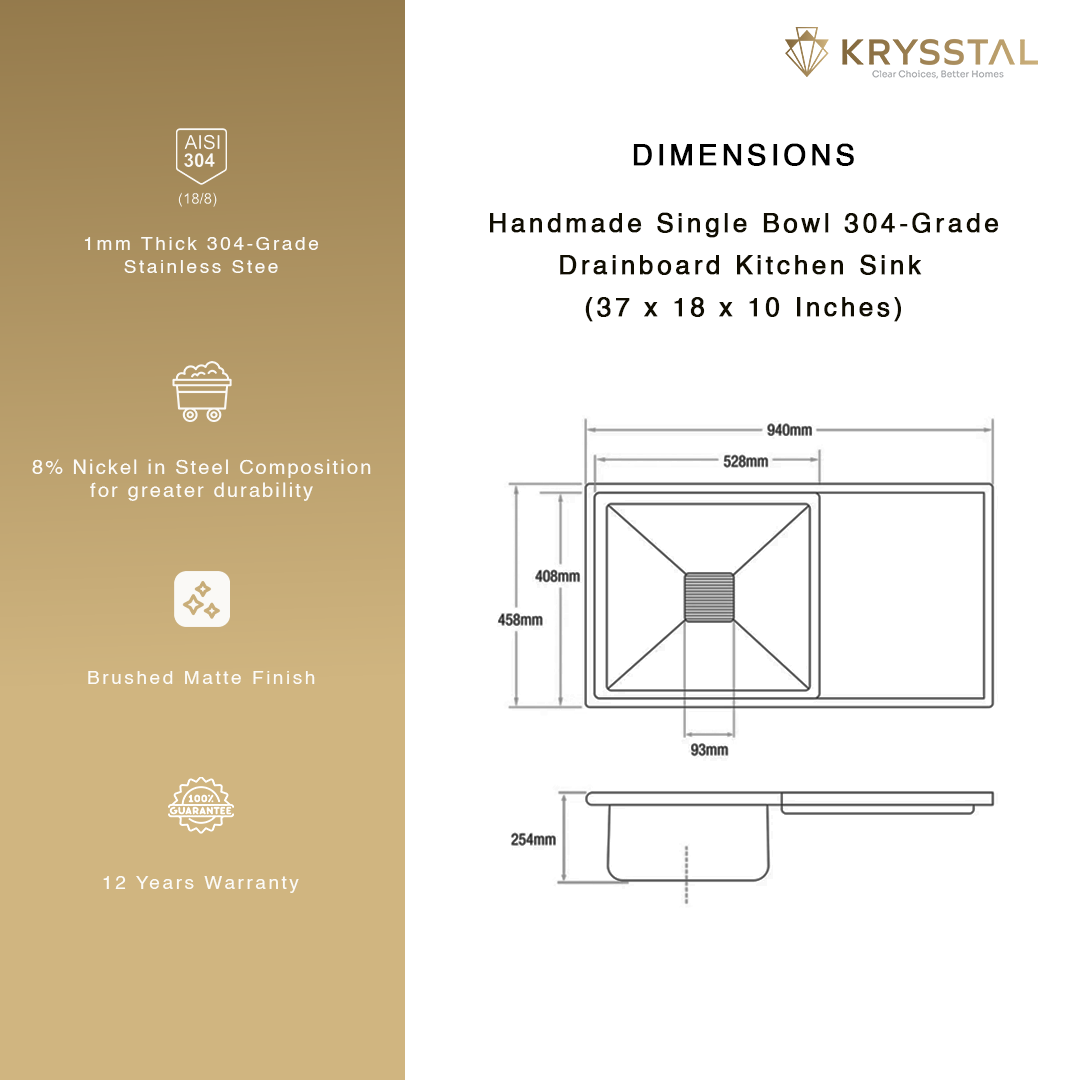 Handmade 304-SS Single Bowl with Drainboard (37 x 18 x 10 Inches) Kitchen Sink