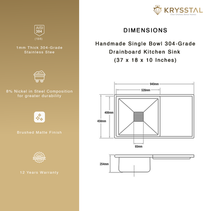 Handmade 304-SS Single Bowl with Drainboard (37 x 18 x 10 Inches) Kitchen Sink