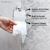A silver toilet paper holder with a round design with a hand-held paper holding on it fitted on a white textured tile, showing its 3 features in right side.