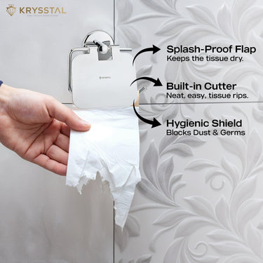 A silver toilet paper holder with a round design with a hand-held paper holding on it fitted on a white textured tile, showing its 3 features in right side.
