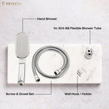 A silver ABS hand shower component with its name and detail on a white marble.