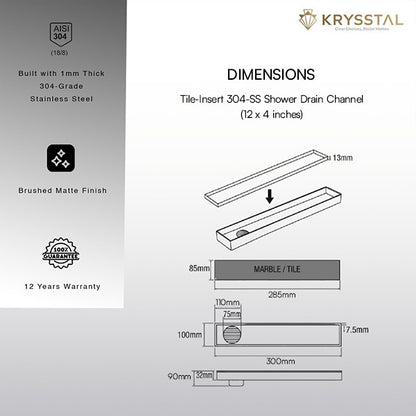 Tile-Insert 304-SS (12"x 4") Shower Drain Channel with Advanced Cockroach Trap