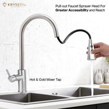 The silver matte finish Kitchen Sink mixer tap with dual water flowing & hand-held pull out water flowing features fitted on the white slab on a white textured background.