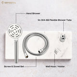 Halos ABS Hand Shower components with its name and detail on white marble.