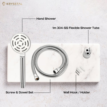 Halos ABS Hand Shower components with its name and detail on white marble.