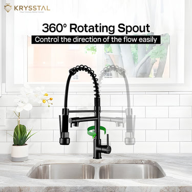 Black kitchen faucet with 360-degree rotating spout in a modern kitchen setting.