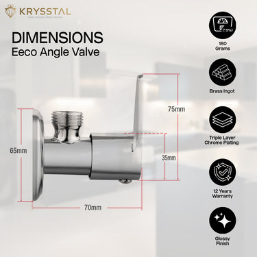 A silver angle valve with a reflective surface and a bold, flat control handle, presented with dimensions and its warranty & features on the right side on a transparent white background.
