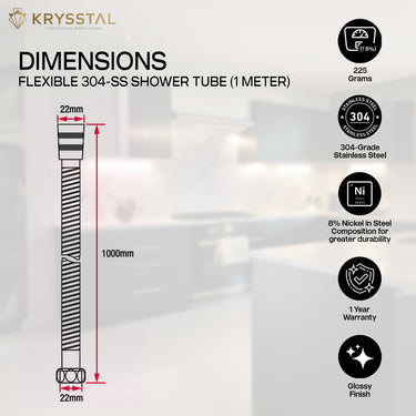 The detail dimensions of a flexible shower tube with some information in right side on the transparent background