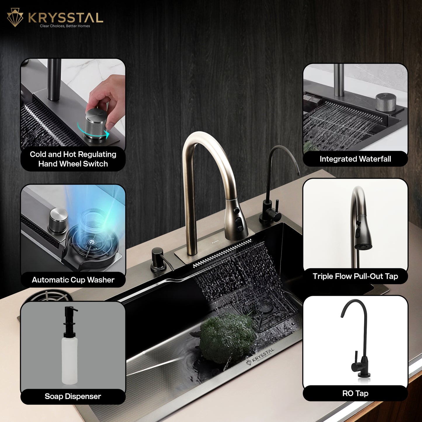 Smart Modular 304 SS Kitchen Sink (24" x 18 x 9") with Integrated Waterfall, RO Tap & Nano-Coating Technology