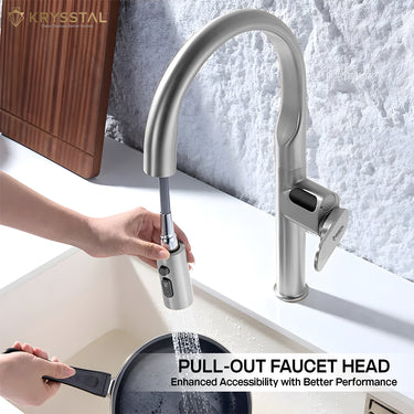 Krysstal pull-out faucet head being used in a kitchen setting with a person holding a pan.