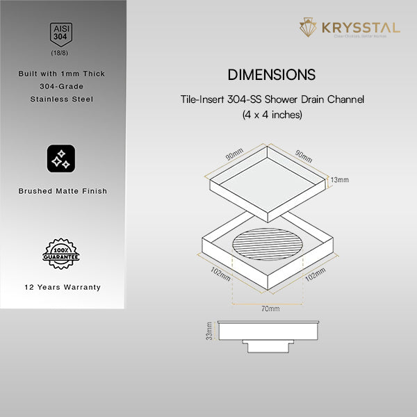 Tile-Insert 304-SS (4" x 4") Floor Drain with Advanced Cockroach Trap