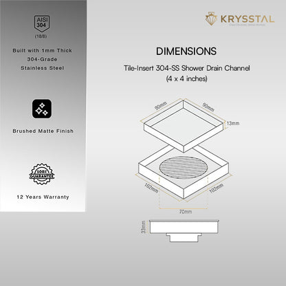 Tile-Insert 304-SS (4" x 4") Floor Drain with Advanced Cockroach Trap