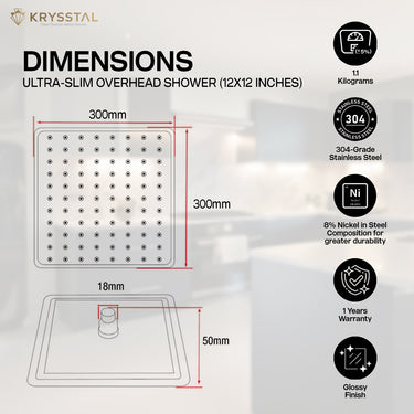 An overhead shower with its dimensional details and included components