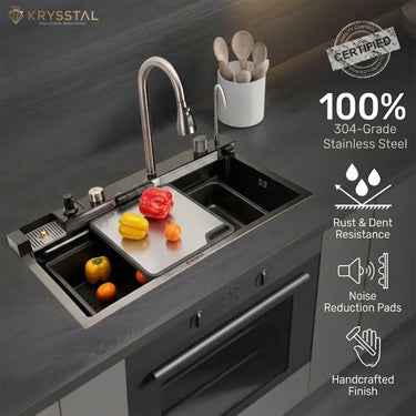 AquaStation Piano Smart 304 SS Kitchen Sink with Digital Display, Dual Waterfalls & RO Tap (30 x 18 x 9 inches)