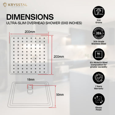 The drawing of an overhead shower with dimension and manufacturing details