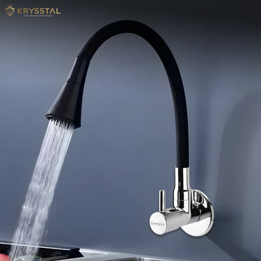 Space-saving wall-mounted kitchen faucet with water running from it & dual water flow and a black silicone neck with a silver control feature.