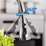 A silver-colored kitchen sink faucet aerator with 360-degree moving technology shows on the blurred background