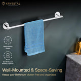 Polished silver stainless towel rod with round end caps, supporting a blue towel on a black wall with 2 features on the left side and a written tagline on the bottom.