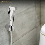 A silver health faucet with a wall hook and a 304-SS shower tube.