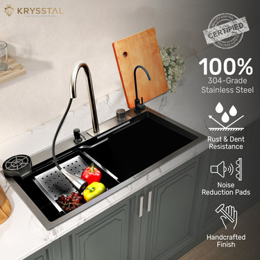 Smart Modular 304 SS Kitchen Sink (30" x 18 x 9") with Integrated Waterfall, RO Tap & Nano-Coating Technology