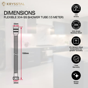 Detailed dimensions of a flexible shower tube with additional information displayed on the right side, over a transparent background.