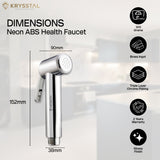 A dimension of silver health faucet sprayer gun with its features and warranty on a transparent background