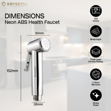 A dimension of silver health faucet sprayer gun with its features and warranty on a transparent background