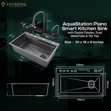 The dimensions of the kitchen sink in stainless steel with a minimalist faucet and the "AquaStation Piano & Smart Kitchen Sink" tagline with its sizes in inches on a green background.