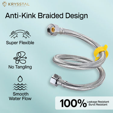 The Krysstal anti-kink braided design hose with its yellow connectors and 100% leakage guarantee features listed on a light blue background.