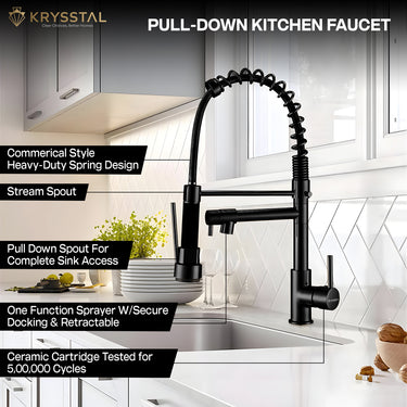Black pull-down kitchen faucet with features listed on the left side on a kitchen background