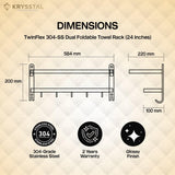 The dimensions of a silver towel rack with front view and side view and 3 featured visuals on bottom on golden & white background
