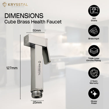 Cube Brass Health Faucet with dimensions and features