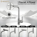 Krysstal faucet with multiple flow modes like waterfall, bubble, rainfall & focus with bold tagline "1 faucet, 4 flows!" on a mountain background