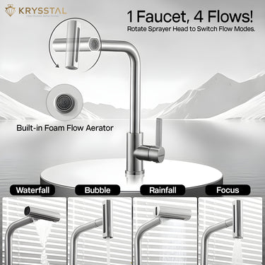 Krysstal faucet with multiple flow modes like waterfall, bubble, rainfall & focus with bold tagline "1 faucet, 4 flows!" on a mountain background
