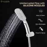 An ABS hand shower with water flowing from silicone nozzles with details on how to maintain it on a black background. 