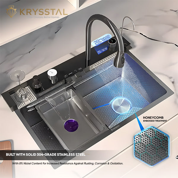 AquaStation Piano Smart 304 SS Kitchen Sink  with Digital Display, Dual Waterfalls & RO Tap (30 x 18 x 9 inches)