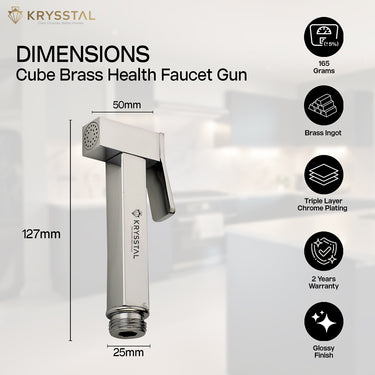 Cube Brass Health Faucet Gun with dimensions and features on a white background