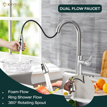 The silver matte finish Kitchen Sink mixer tap with dual flow faucet tag & hand-held water flowing in the square glass bowl with 3 features on the bottom