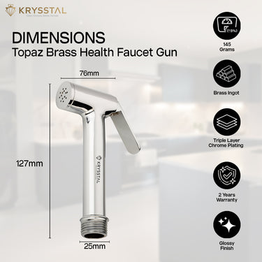 Krysstal Topaz Brass Health Faucet Gun with dimensions and features on a white background