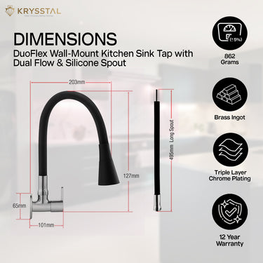 The dimensions of the wall-mounted kitchen sink tap with a dual flow feature and a black silicone spout & features on the right side on a transparent background.