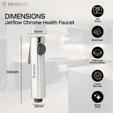 Krysstal Jetflow Chrome Health Faucet with dimensions and features on a light background