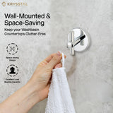 Stainless steel wall hook with round base and vertical bar, mounted on grey surface, holding a white towel.