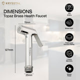 Krysstal Topaz Brass Health Faucet with dimensions and features on right side on a white background.
