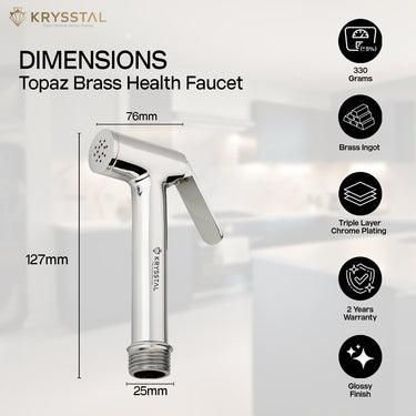 Krysstal Topaz Brass Health Faucet with dimensions and features on right side on a white background.