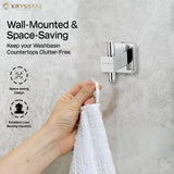 A stainless steel square-shaped robe hook with a hand-held towel going to put on a vertical rod extends from the square fitted on a wall mount with its 2 features