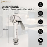 diamond brass health faucet gun with dimensions and features on a light background