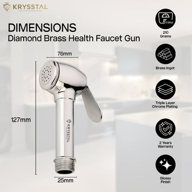 diamond brass health faucet gun with dimensions and features on a light background